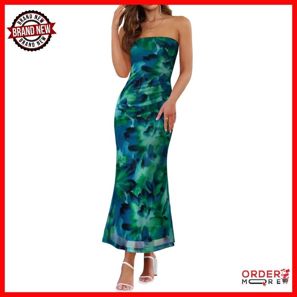 Strapless Midi Dress Boho Floral Bodycon Summer Beach Party